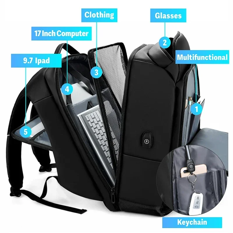 Men 17\'\' Laptop Backpack Large Capacity Multi Pocket Waterproof Anti Theft USB Backpack Business Travel Backpack Mochila de moda