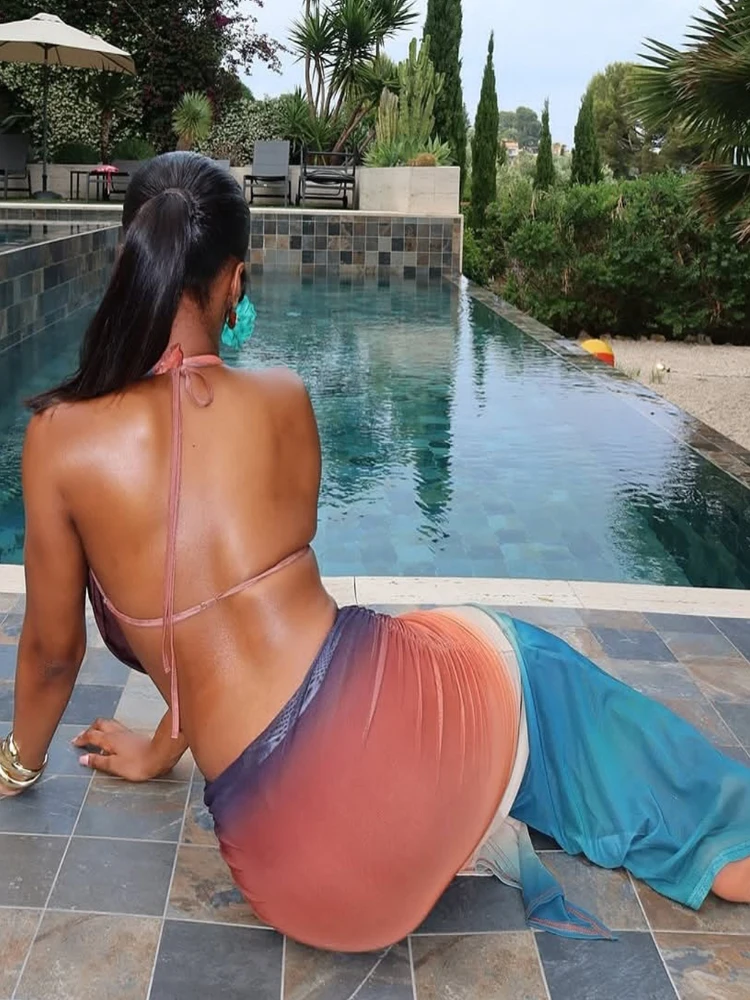 베이프렌 트로피컬 여신 옴브레 스커트 세트 수영복 휴가복 여성용 메쉬 루치드 크롭탑과 롱 스트랩 맥시 스커트 세트