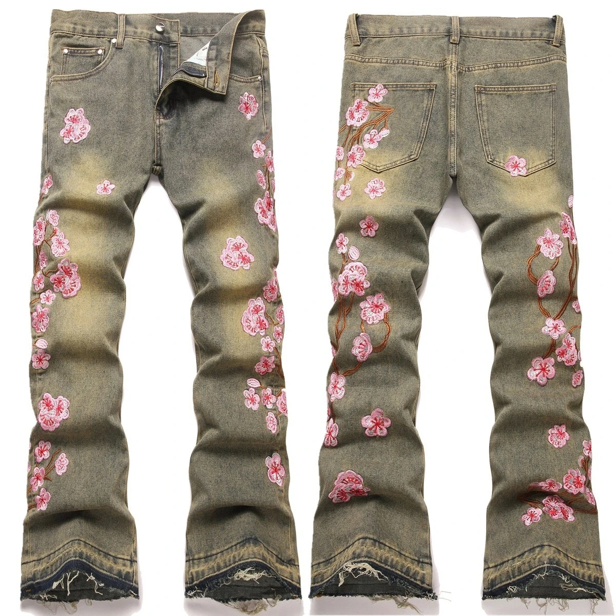 

Embroidered Flower 3D Jeans Men's Small Feet Perforated Pockets Ragged Edges Long Pants Slim Fit Printing High Street Tide Hole
