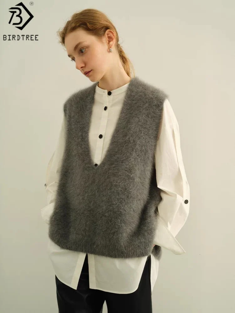 Birdtree Women Vests, Fleece Wool, V Neck, Chic Pullovers, 4.7%Cashmere 95.3%Wool, 2026 Fall Winter Sweaters, Tanks T62806JF