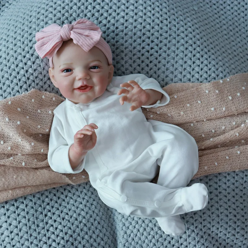 Bonecas reborn com acabamento de 18 polegadas, sorriso, bebê, charlie, pintura à mão, pele 3d com veias visíveis, pano macio, corpo, bebê recém-nascido, melhor presente
