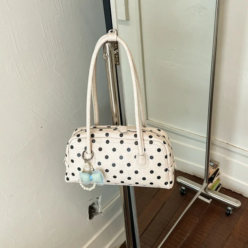 2026 New Polka Dot Mini Boston Shoulder Bag, Elegant Women Long Handle Underarm Handbag With Bow Pearl Pendant For Spring Daily view 4
