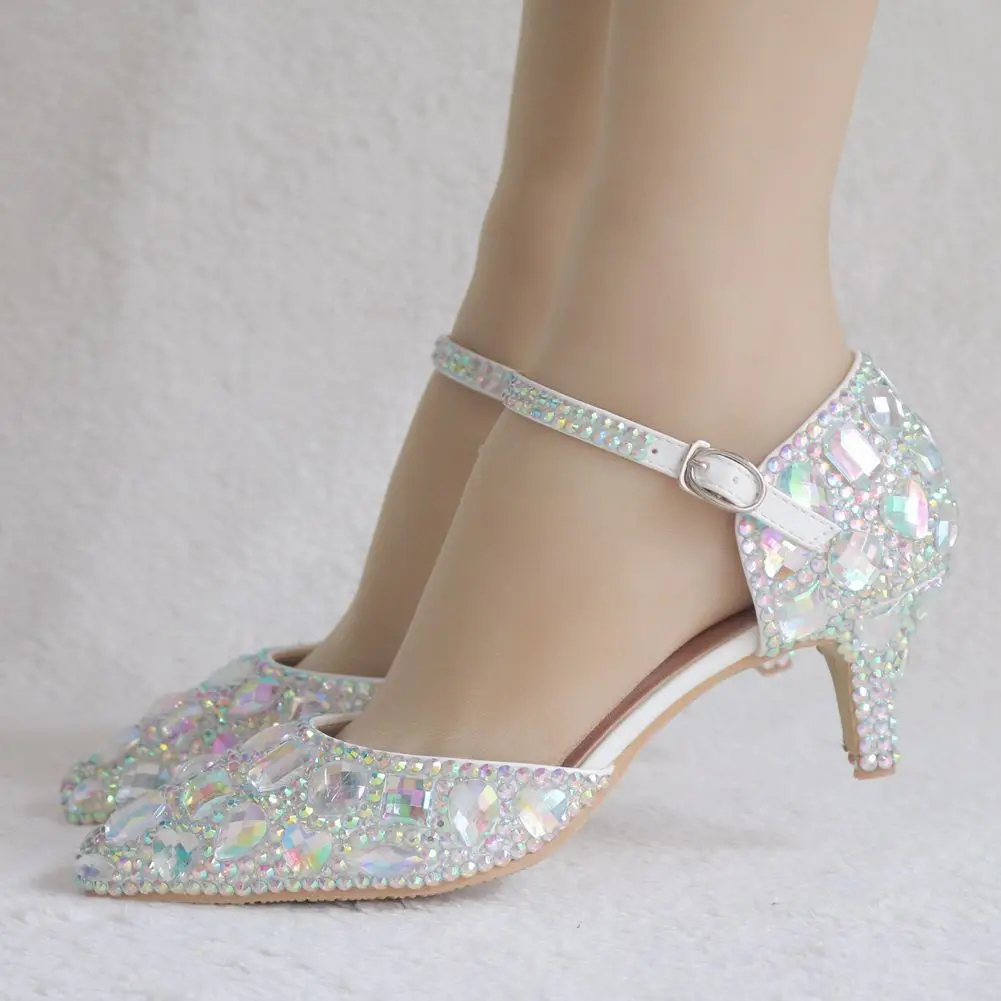 Fashion Pointed Toe Pumps Sandals Elegant Crystal PU 5.5CM Thin Heels Princess Rhinestone Slingback Casual Woman Shoes Dress