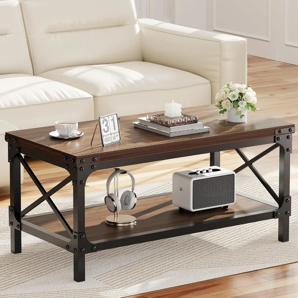 

Rectangle Coffee Tables for Living Room, Wood Rectangular Coffee Table, 2 Tier Rustic Modern Center Table with Thickened Tableto