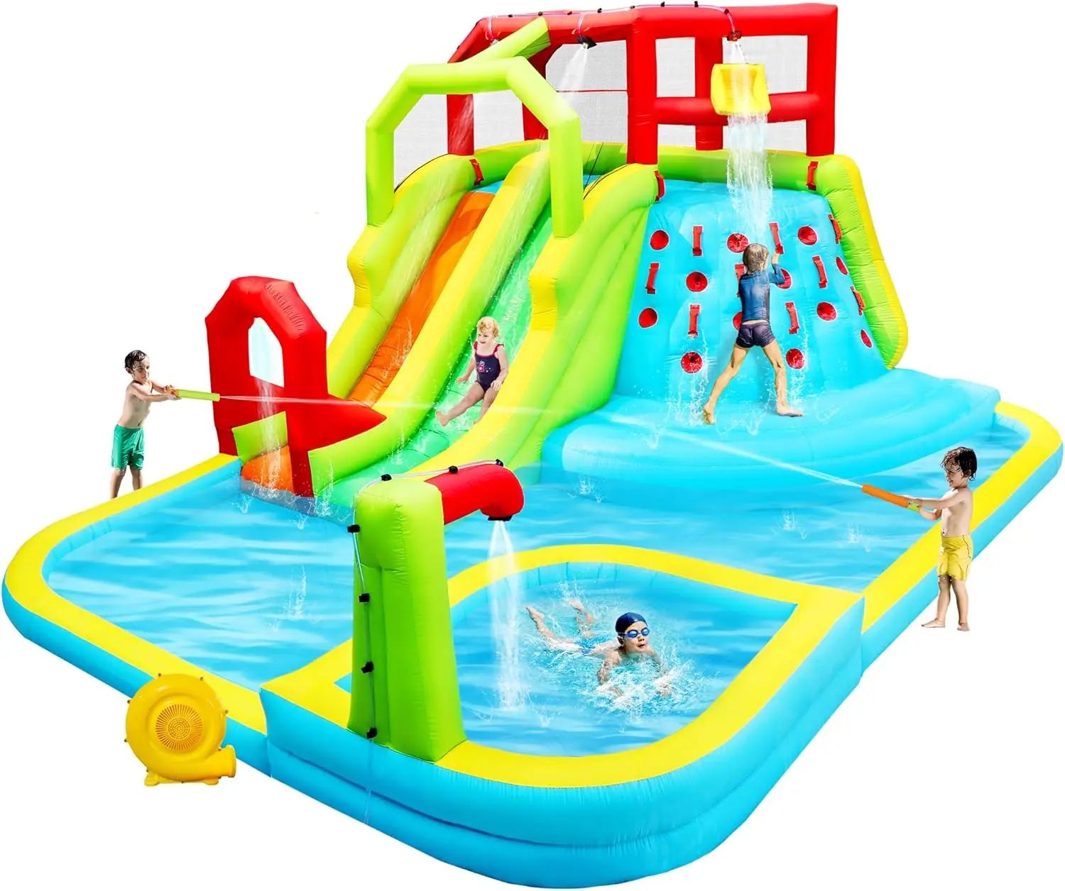 Inflatable Water Slide Park, Bouncy Castle with Deep Pool, 3 Inflatable Sport Balls and 4 Water Guns, Jumping