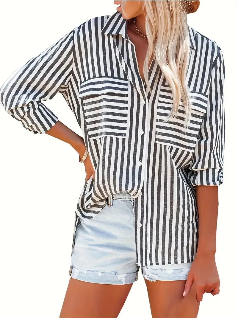 Plus Size Button Down Shirts for Women Roll up Long Sleeve Casual Striped Blouses Loose Fit Linen Tshirt Tops with Pockets