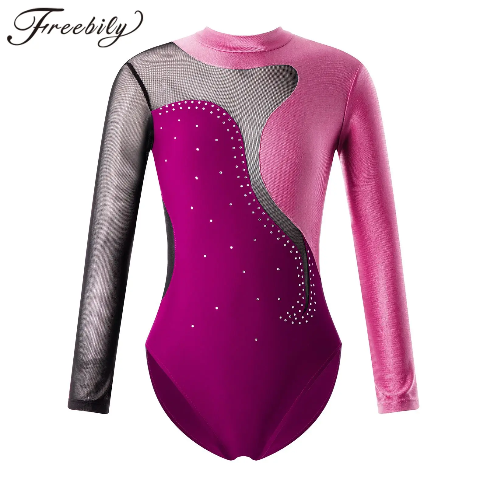 Kids Girls Long Sleeve Ballet Dance Leotards Shiny Rhinestone Contrast Color Teens Gymnastics Jumpsuits Performance Clothing