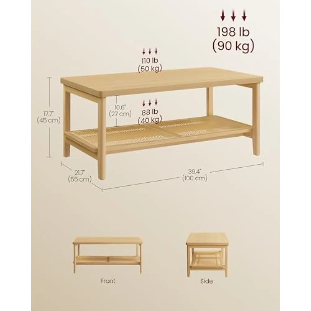 Tavolino da caffè, tavolino da caffè a 2 livelli per soggiorno, tavolo centrale rettangolare, con ripiano portaoggetti in rattan PVC, tavolini da caffè