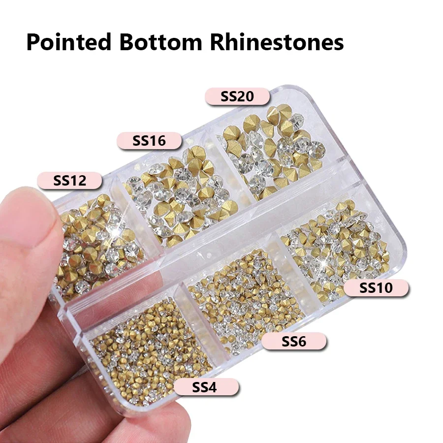 6 Grid Box Nail Art Rhinestones Strass Gems Pointed Bottom for UV Gel Polish DIY 3D Decoration Jewelry