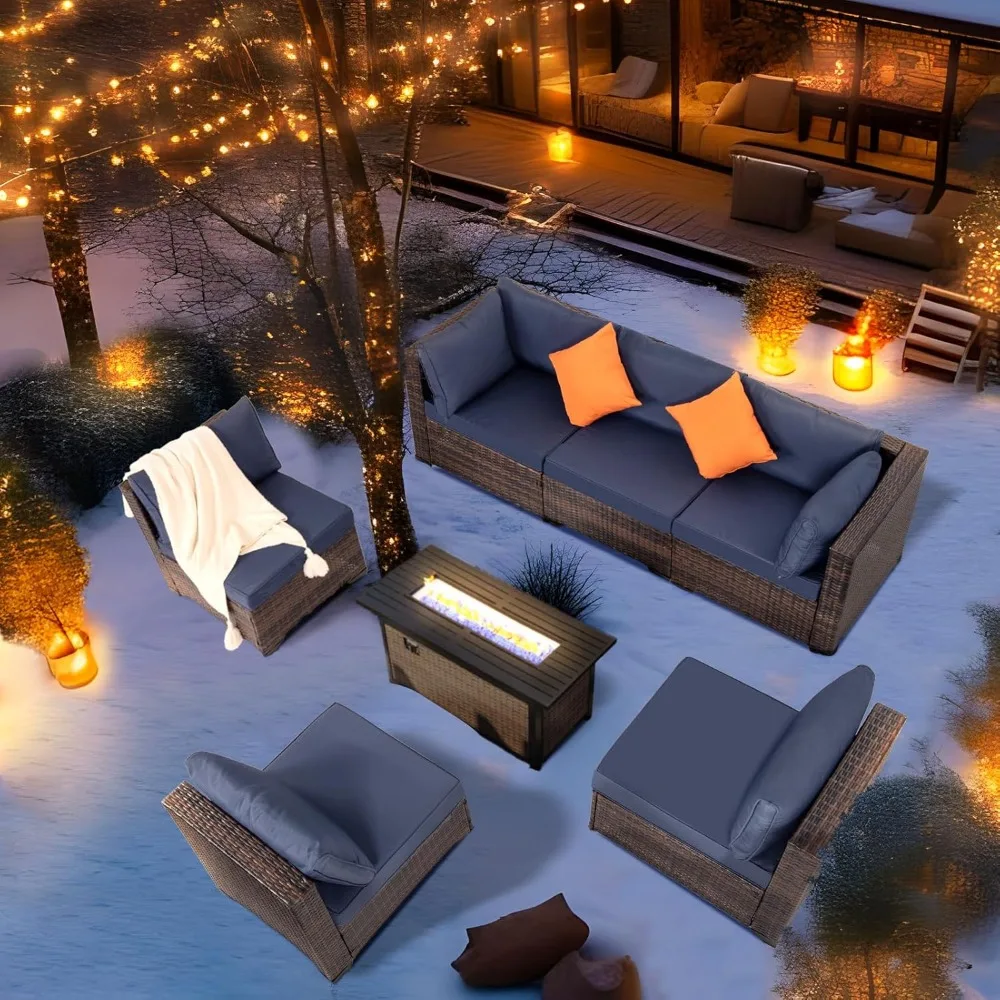 7 Pieces Outdoor Patio Furniture Set, Wicker Sectional Sofa Set Rattan Patio Conversation Sets with Cushions Couch Set &