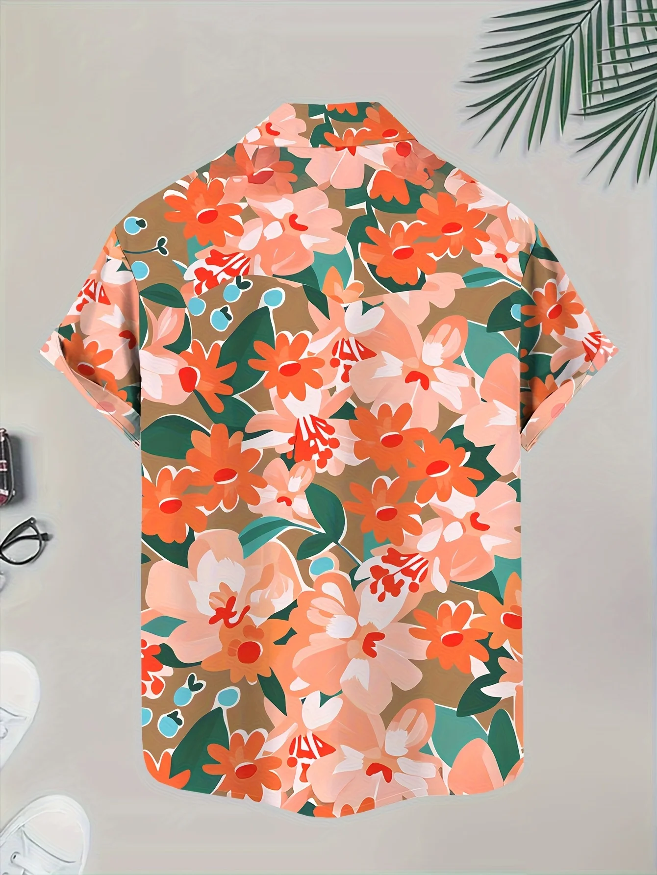 Men's Hawaiian Shirt Coral Orange Floral Tropical Print Short Sleeve Button Down Casual Aloha view 3