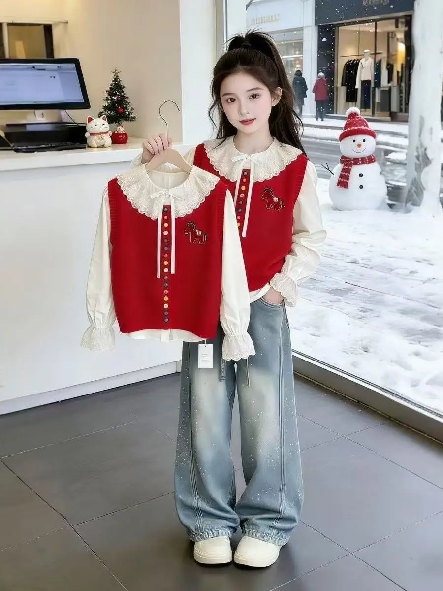 Girls Knitted Vest Shirt Wide Leg Pants Set Sweet Cute Casual Three Piece Suite Autumn Collection Children Fashion Clothing