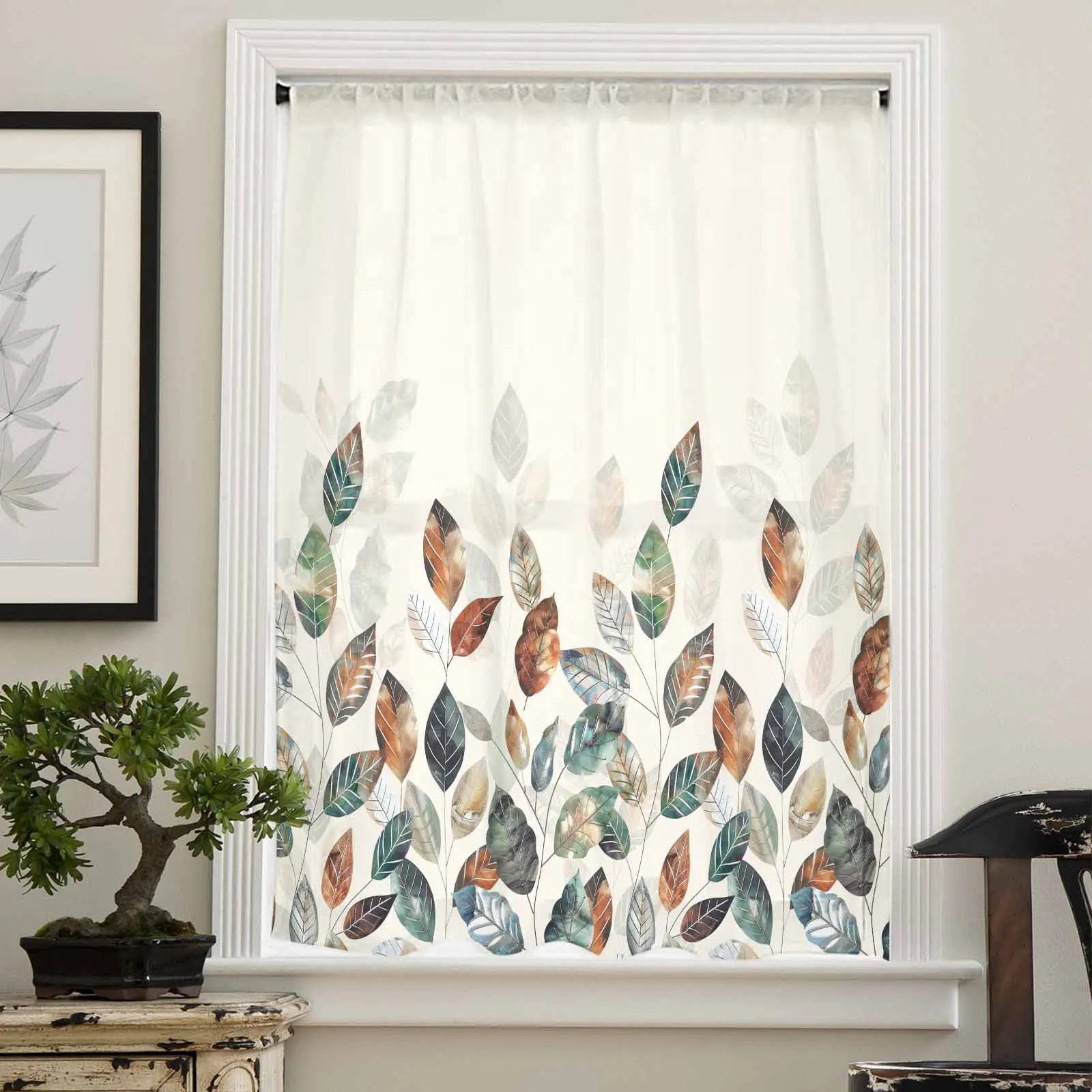 Autumn Thanksgiving Blue-Green Yellow Leaf Plants Sheer Curtains for Living Room Bedroom Window Treatment Kitchen Curtain