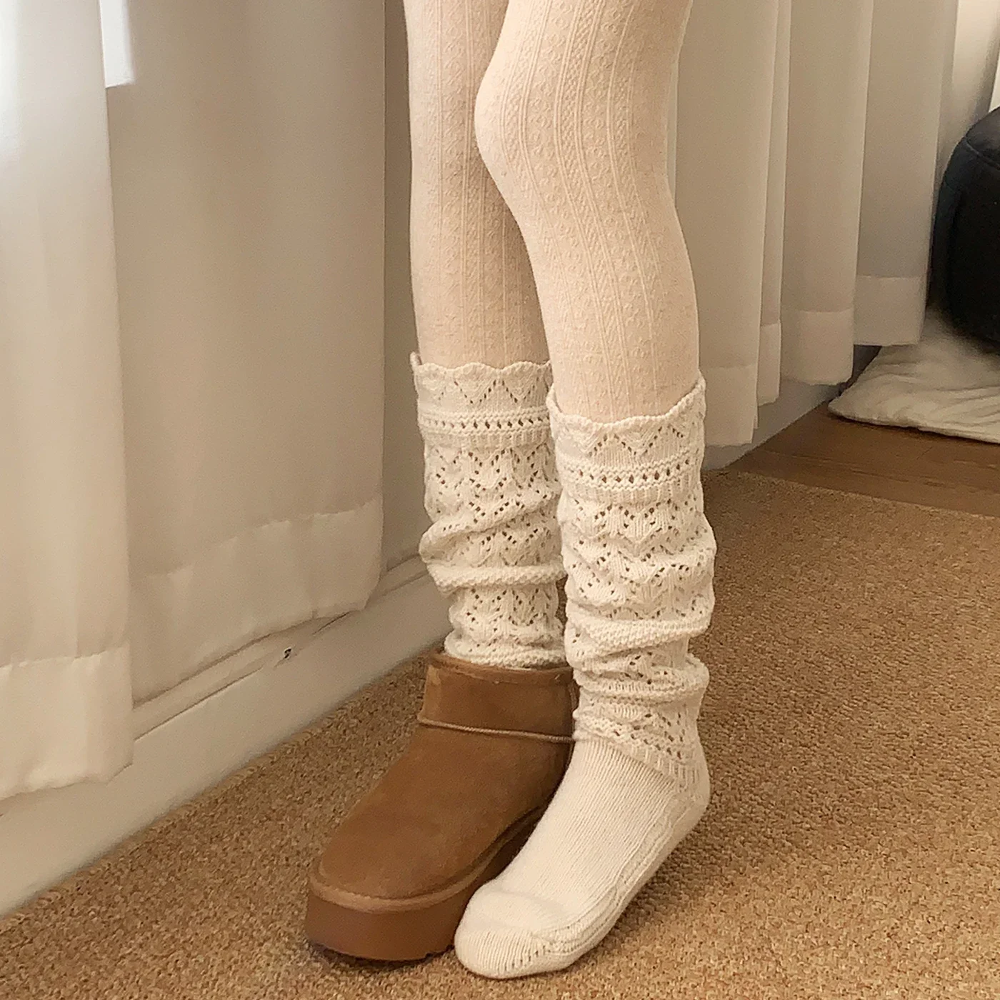 Vintage Brown Calf Socks Wool Cotton Winter Warm Knitted Mid Calf Socks Women Leg Warmers Indoor Floor Socks JK Boots Cover