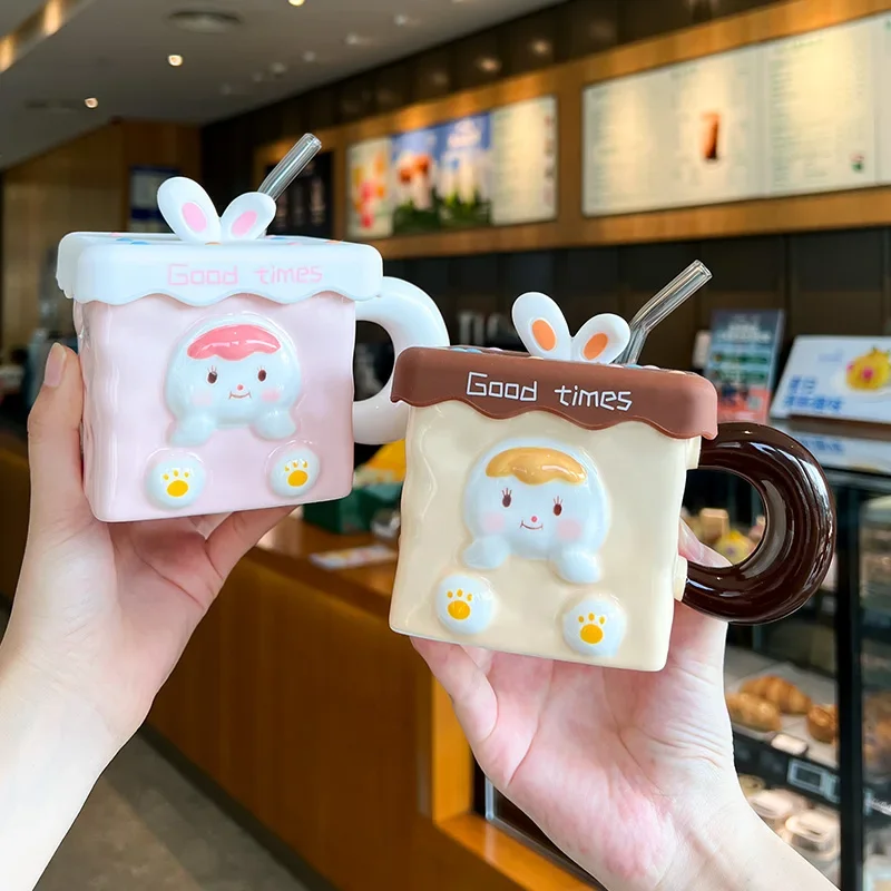 

Cute Rabbit Silicone Covered Straw Cups Set, Ceramic Mug for Girls' Dormitory, Milk Coffee Mugs, Couple Kawaii Cup Birthday Gift