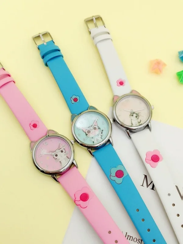 Jam tangan anak pola kucing keju lucu jam tangan Quartz Analog untuk wanita hadiah pelajar jam jam tangan anak-anak