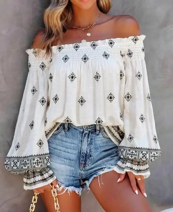 

Винтажная блузка с открытыми плечами и расклешенными манжетами с принтом в стиле племени, повседневный топ в стиле бохо с оборками