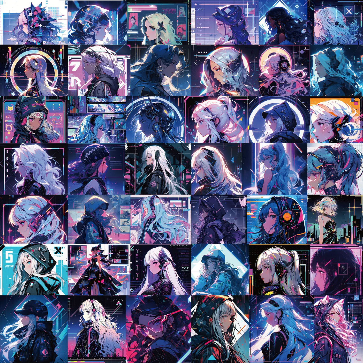 62 Stück Mädchen-Aufkleber im Cyberpunk-Stil, geeignet für Notebook, Computer, Gepäck, Kühlschrank, Skateboards, Handyhüllen