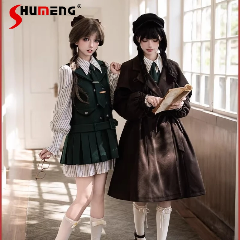 

2026 Spring New Original Japanese College Style Fake Two-Piece Dog Short OP Dress Lolita Y2k Sweet Clothes Cape Coat With Belt