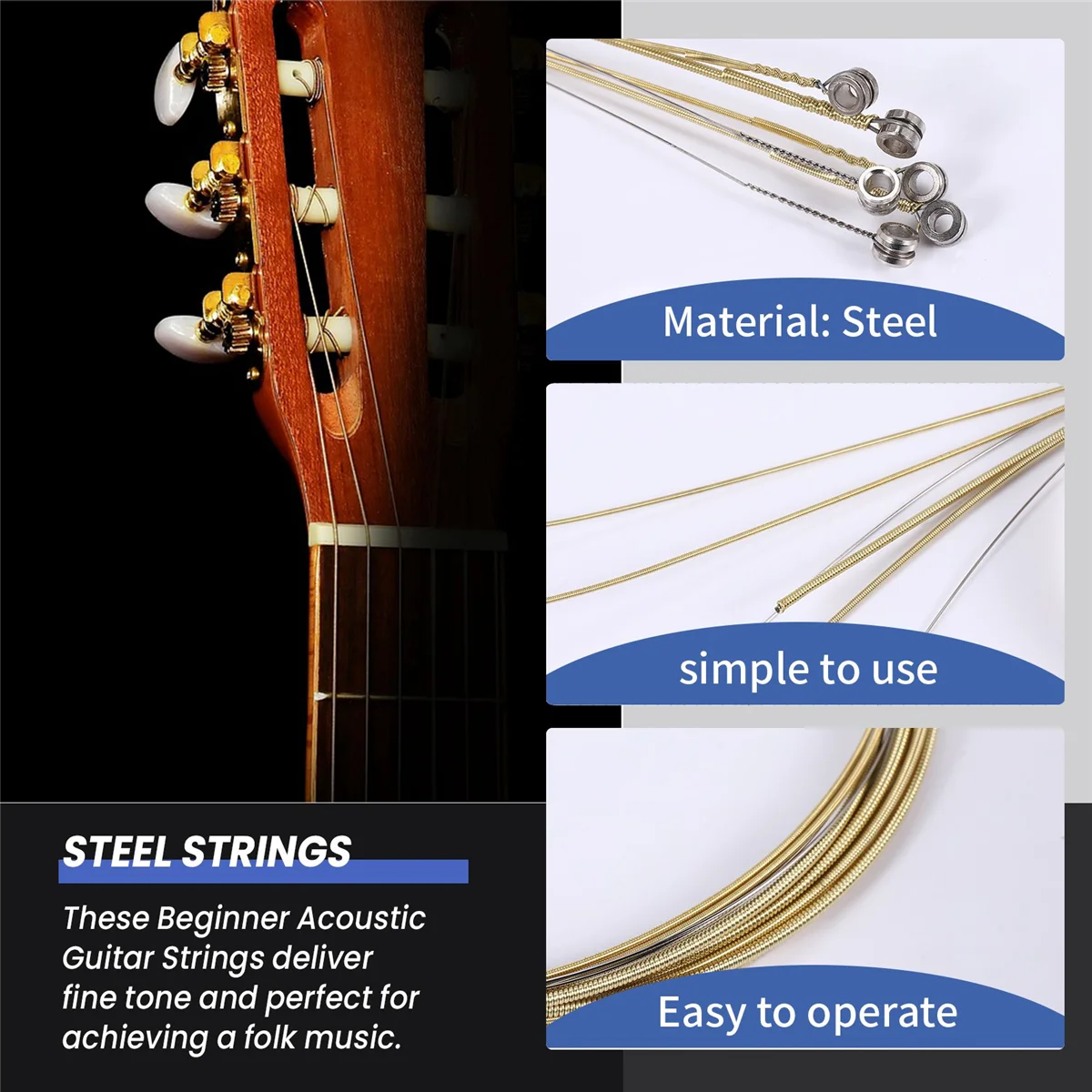 6 Pcs Steel Strings Replacement for Acoustic Guitar New Silver+Brass