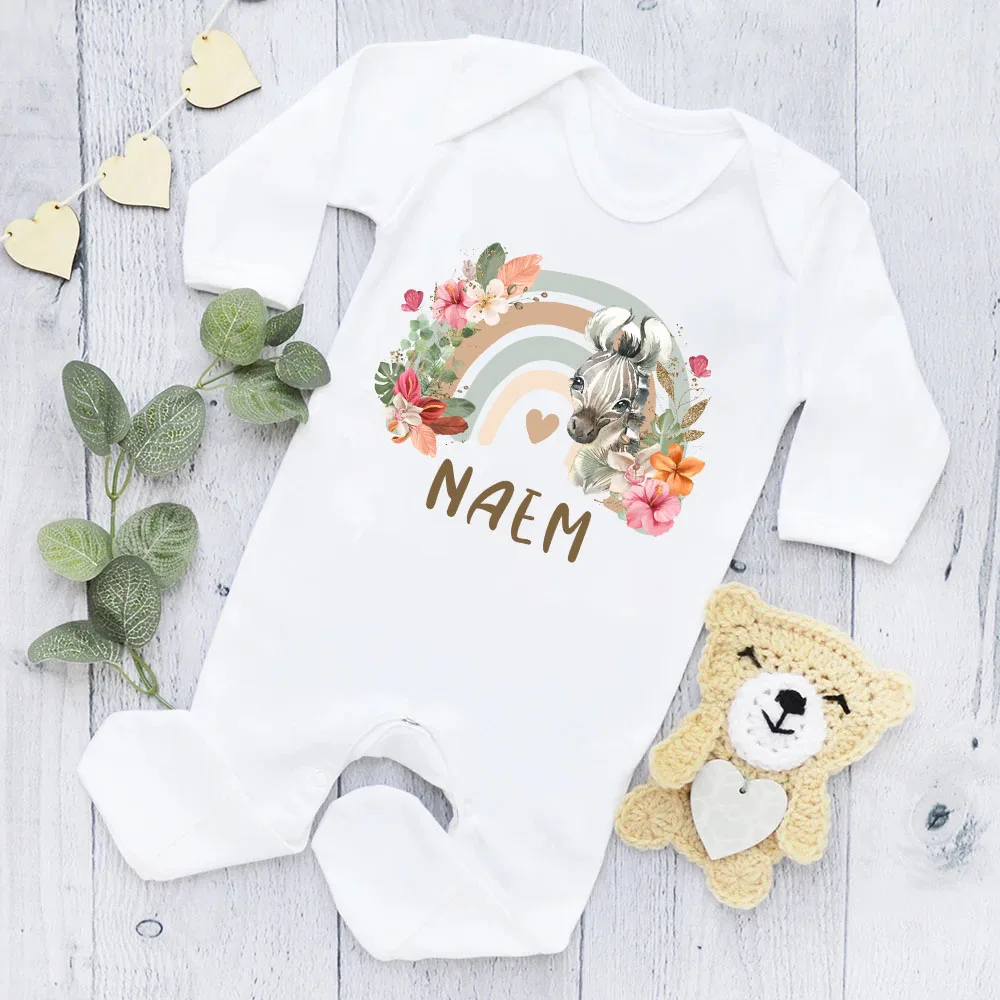 Personalised Forest Animal Rainbow Babygrow Sleepsuit Custom Name Infant Sleepsuit Baby Coming Home Outfit Newbron Shower Gift