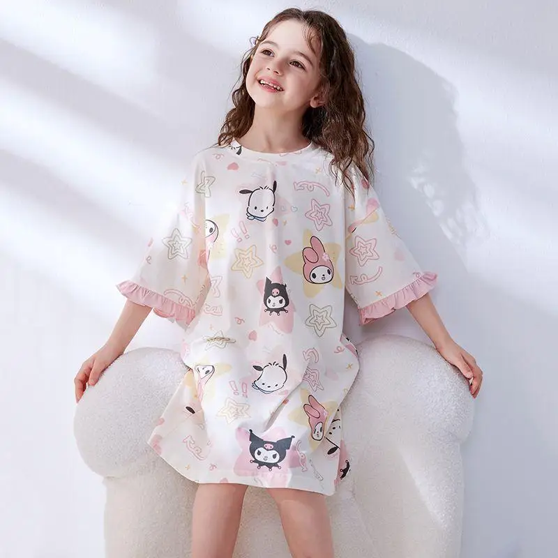 

Sanrio Summer Short Sleeve Night Dress Modal Thin Five-Sleeve Little Girl Comfortable Breathable Ice Silk Fashion Home Clothing