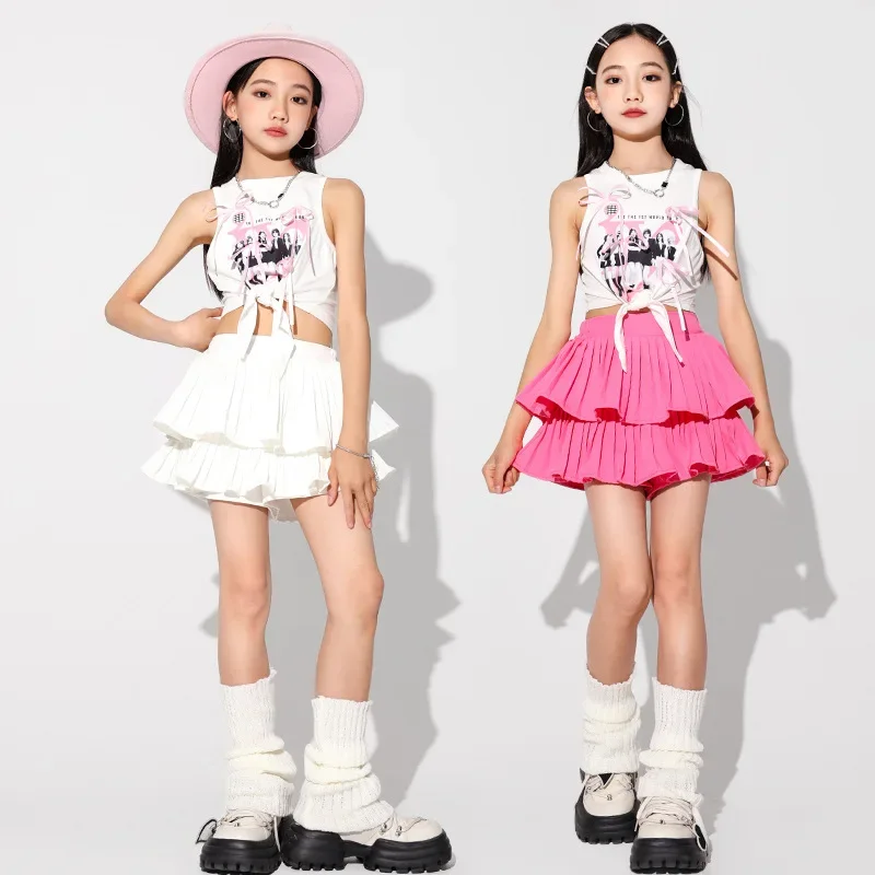 

Girls Jazz Dance Costume Kids Cheerleading Performance Practice Clothes White Tops Pink Skirt Teenagers Hip Hop Dance Outfits