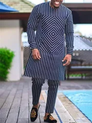 Men's casual navy blue printed long sleeve two-piece set