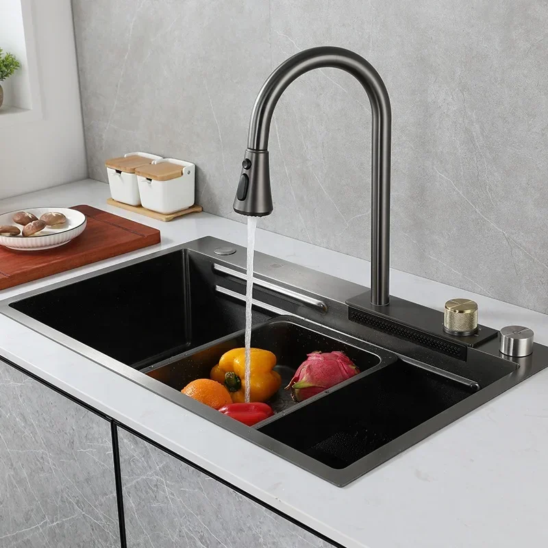 stainless steel handmade black kitchen sink set undermount single bowl waterfall multifunctional kitchen sinks with drainer