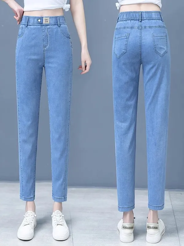 

Летние тонкие джинсовые брюки с эластичным поясом для женщин, с высокой талией, свободные, утягивающие, из ледяного шелка, маленькие размеры, фасон «Харлан»