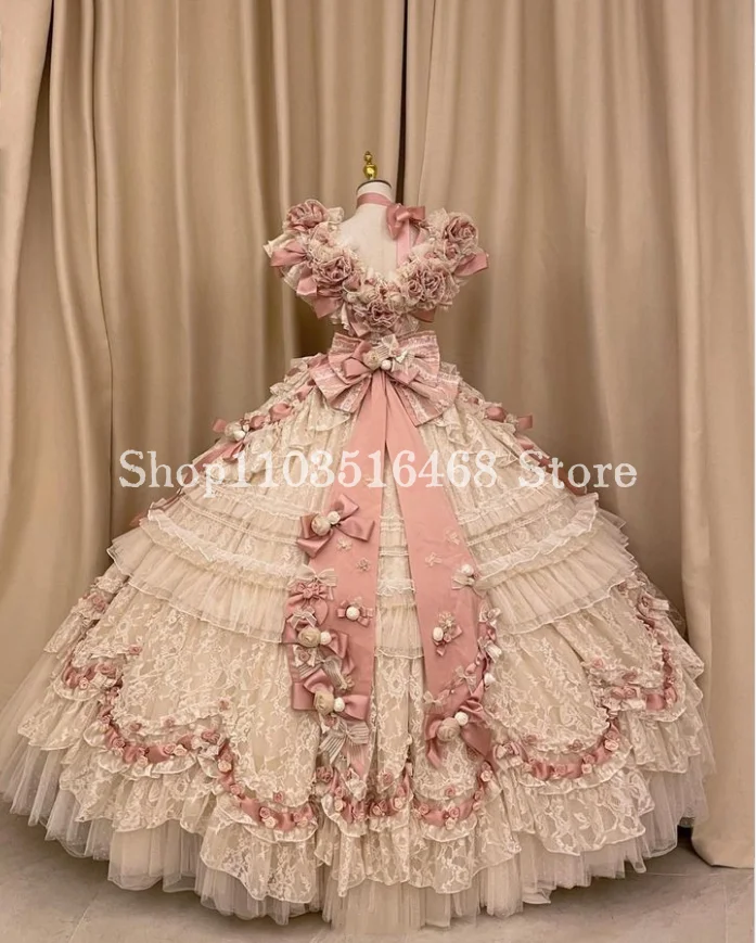 Robe de Bal du Milieu du Siècle, Rose et Blanc, Corset Lolita Nette, Applique Florale 3D, Personnalisée, Éducative