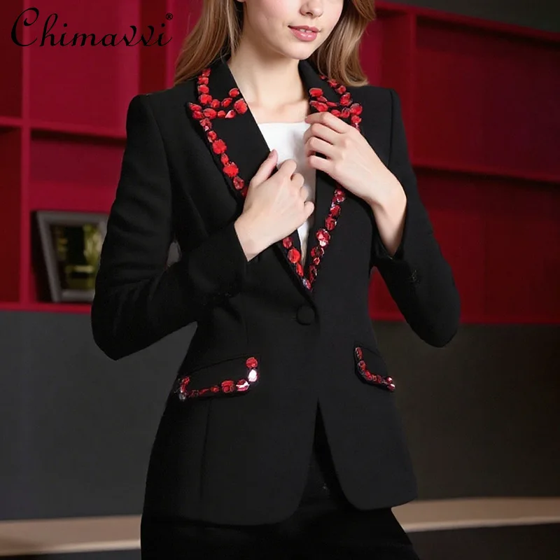 

French Elegant Commuting Business Office Lady Suits 2026 Spring New Single Button Slim Fit Crystal Short Jacket Blazer for Women