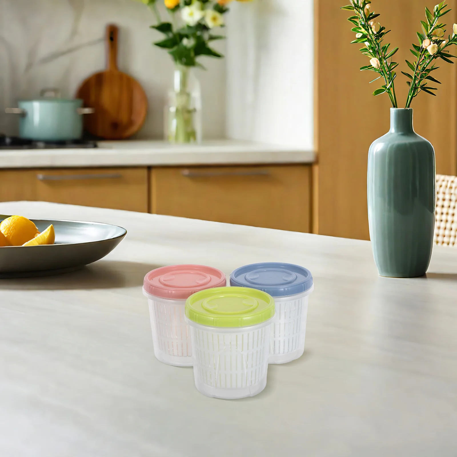 3 قطعة حاوية تخمير كيمتشي صندوق تخزين المخلل غطاء محكم شفاف مانع للتسرب حارس الخضار مع سلة استنزاف