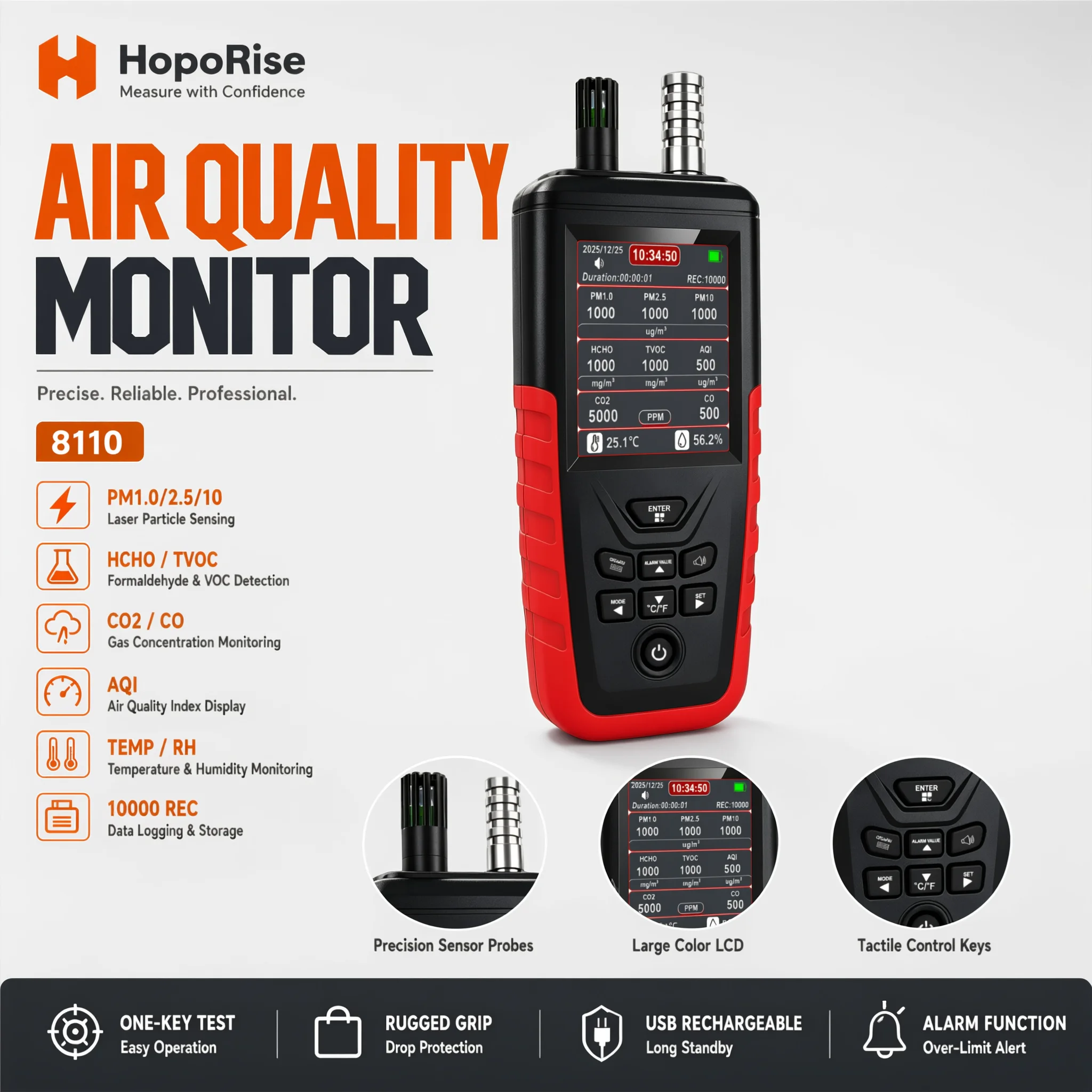 10-in-1 Air Quality Tester CO2 Formaldehyde CO PM2.5 Particle Counter 6-Channel AQI Temp Humidity with Data Export