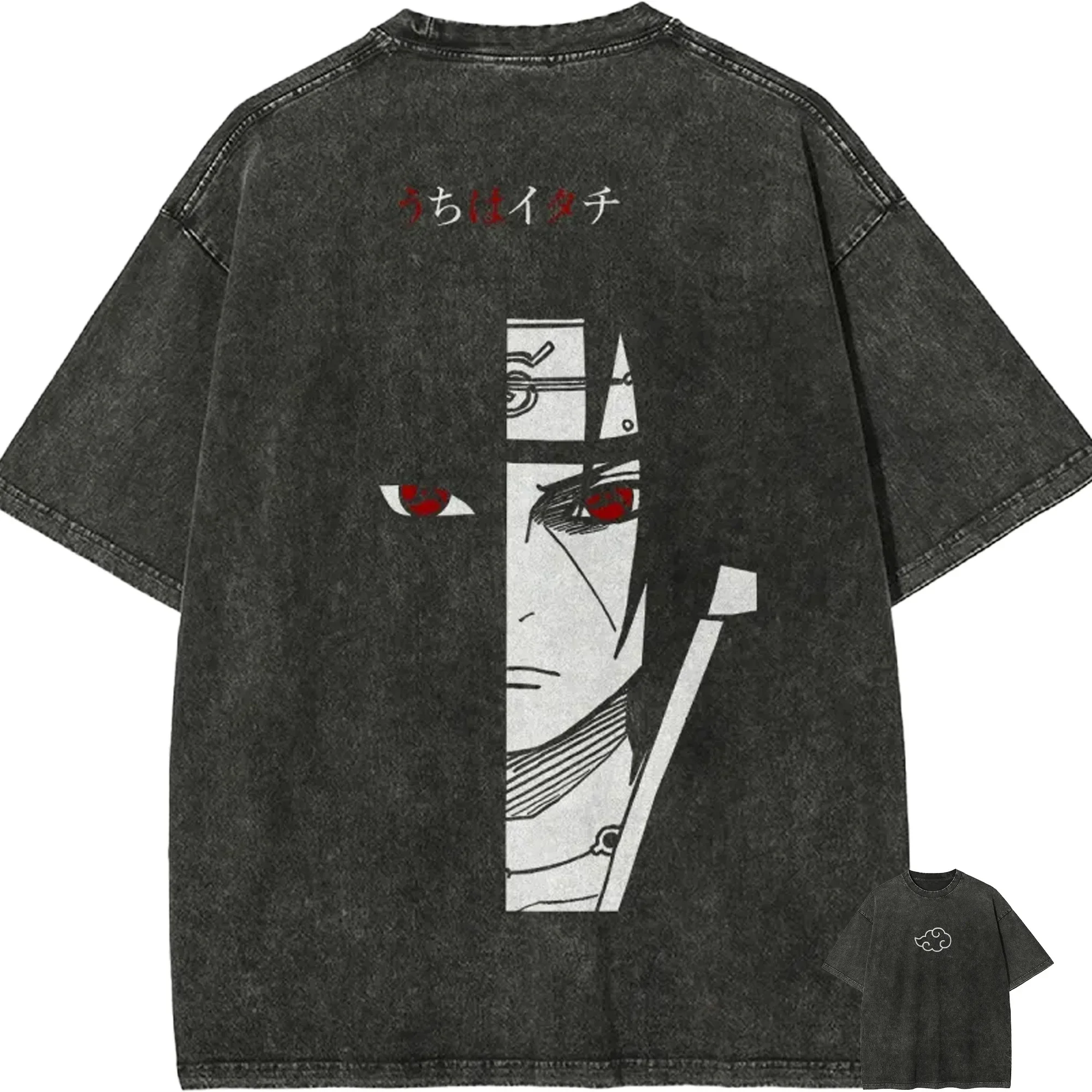 Itachi Uchiha T Shirt Naruto Men Acid Wash Red Sharingan Eye Anime Graphic Cotton Streetwear Manga Ninja Half Face Vintage Tee