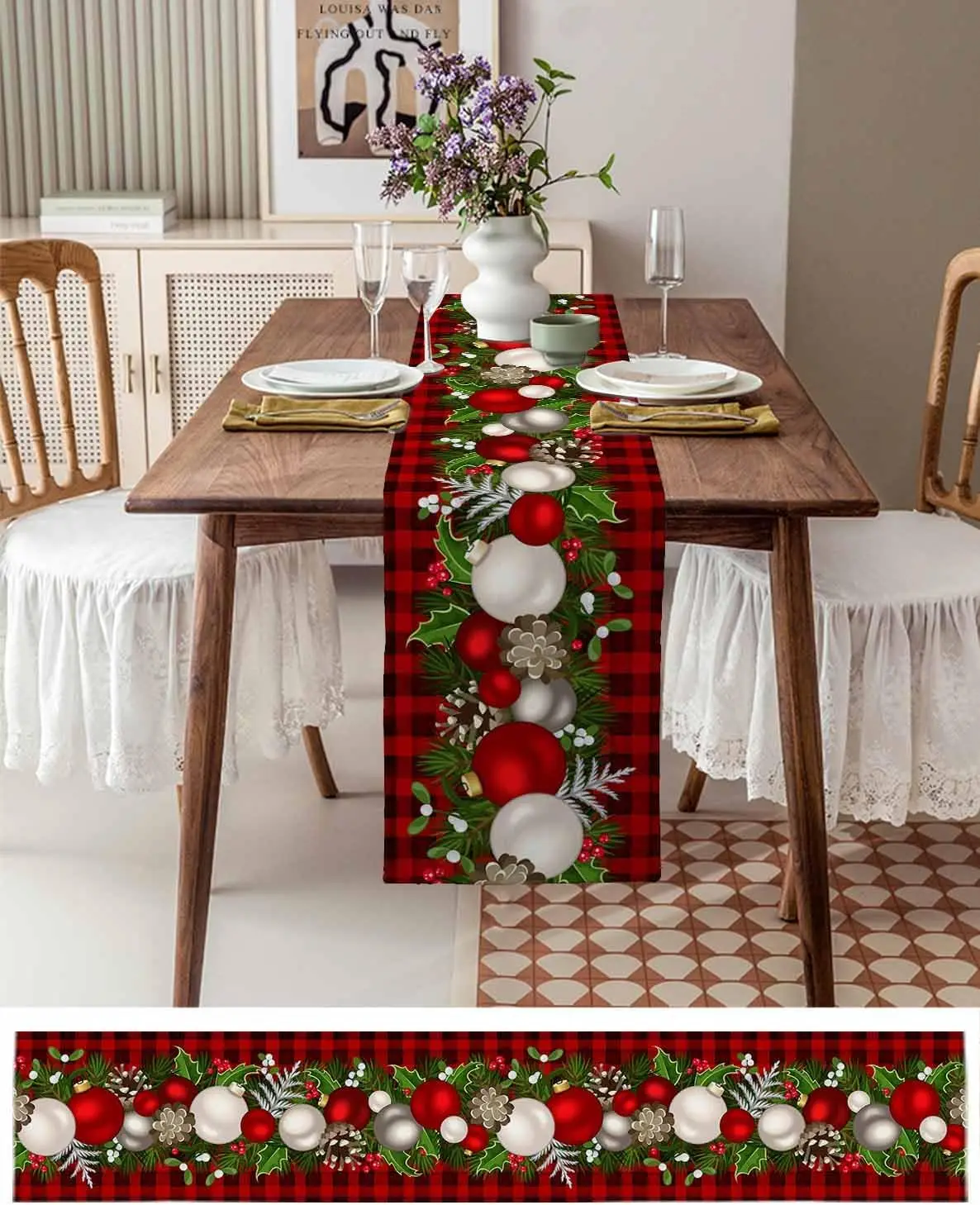 Christmas Pine Cones Berries Balls Red Black Buffalo Plaid Linen Table Runners Winter Xmas Party Decor Navidad Decorations 2025