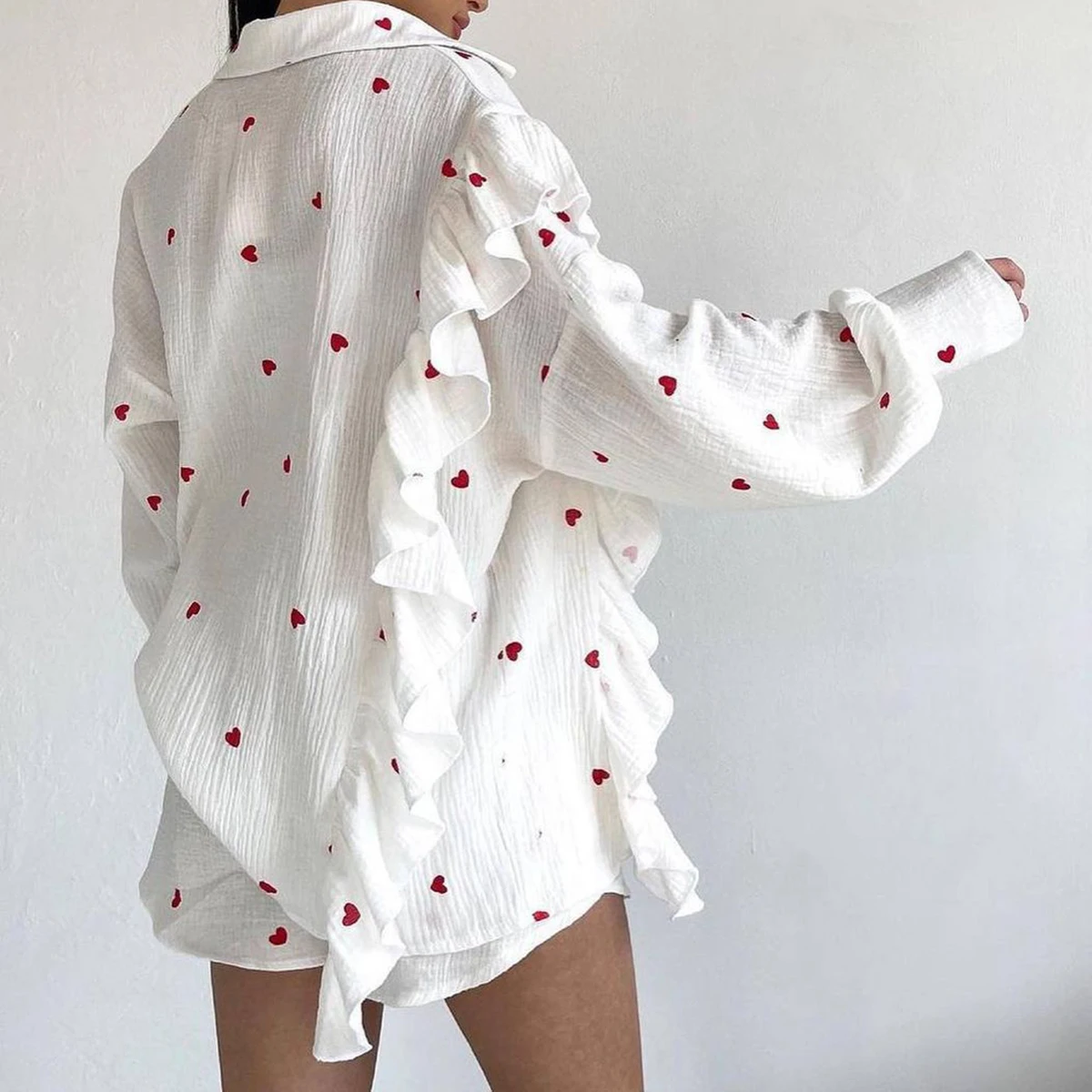 2024 New Heart Printed Short Set Women Long Sleeve Pocket Ruffle Cardigan+Short Pants Sets Spring Summer Casual Chic 2 Piece Set