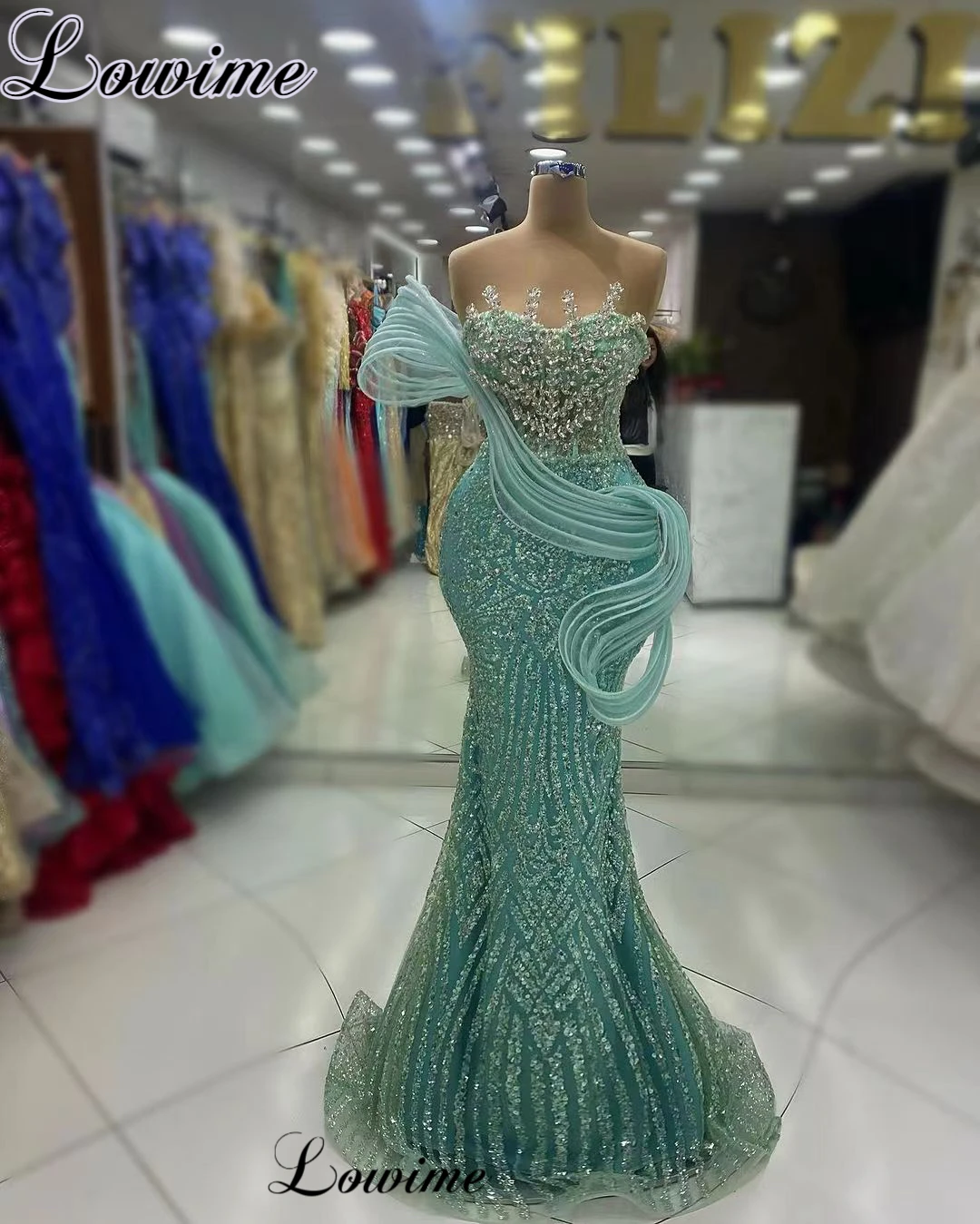 Mint Green Glitter Celebrity Dresses Mermaid Special Strapless Awards Ceremony Dresses With Crystals Vestidos De Gala Prom Dress