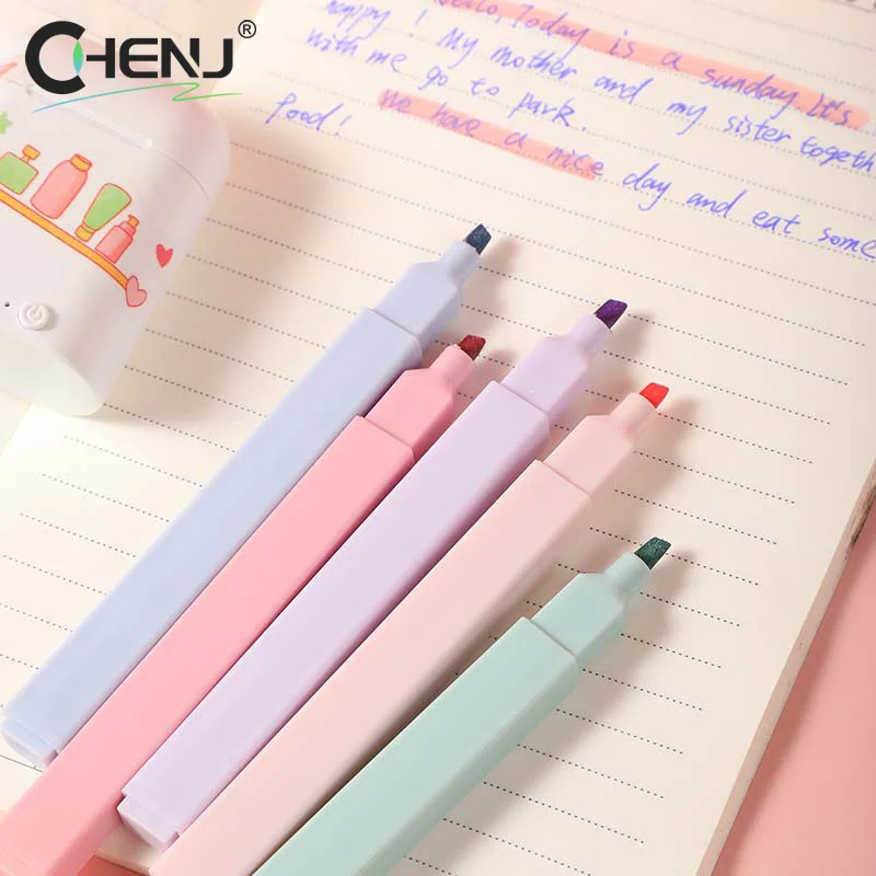 12 Colors/box Fluorescent Highlighter Pens Double Headed Pastel Highlighters Stationary Supplies Kawaii Colored Markers Pens