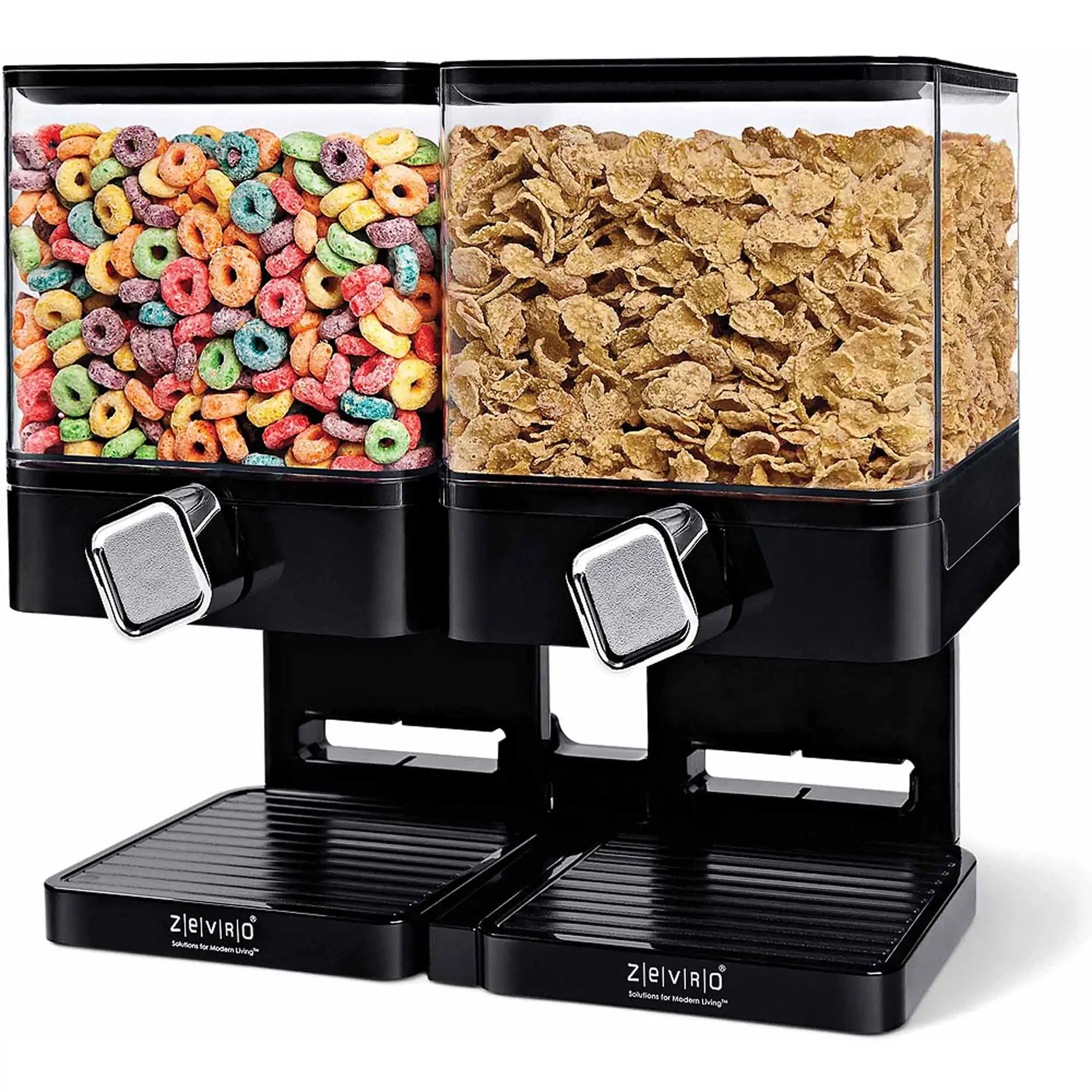 Zevro by Honey-Can-Do Plastic Compact 35 oz. Double Dry Food Dispenser, Black and Chrome