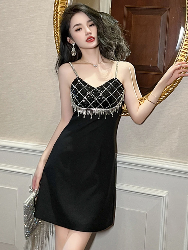 Birthday Party Black Cocktail Dress 2024 Summer New Sexy Charming Diamond Tassel Shiny Sequin Slip A Line Gown Nightclub Vestido