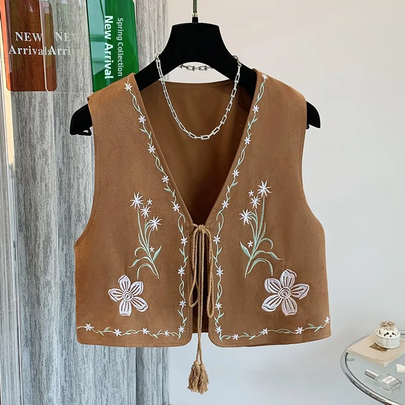보헤미안 자수 조끼 여행 사진 촬영 레이어링 탑 스커트 봄 시즌 얇은 소재 민소매 루즈핏 폴리에스터 섬유