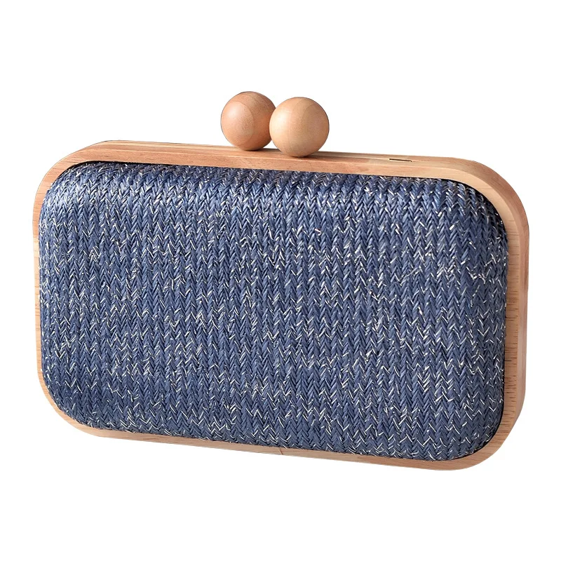 

Summer solid wood frame evening bag, woven fabric clutch, daily simple style