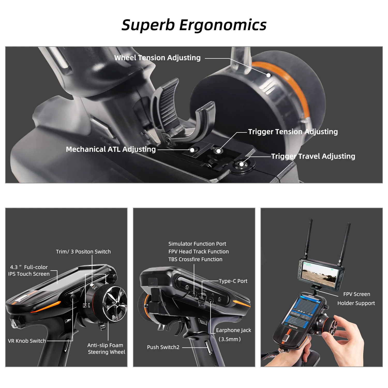 Radiolink RC8X 8-Kanal 2,4G RC-Sender mit R8FG V2.1 Gyro-Empfänger, Einhand-Steuerungszubehör und Telefonhalterung für FPV-Bildschirm – Detail 9