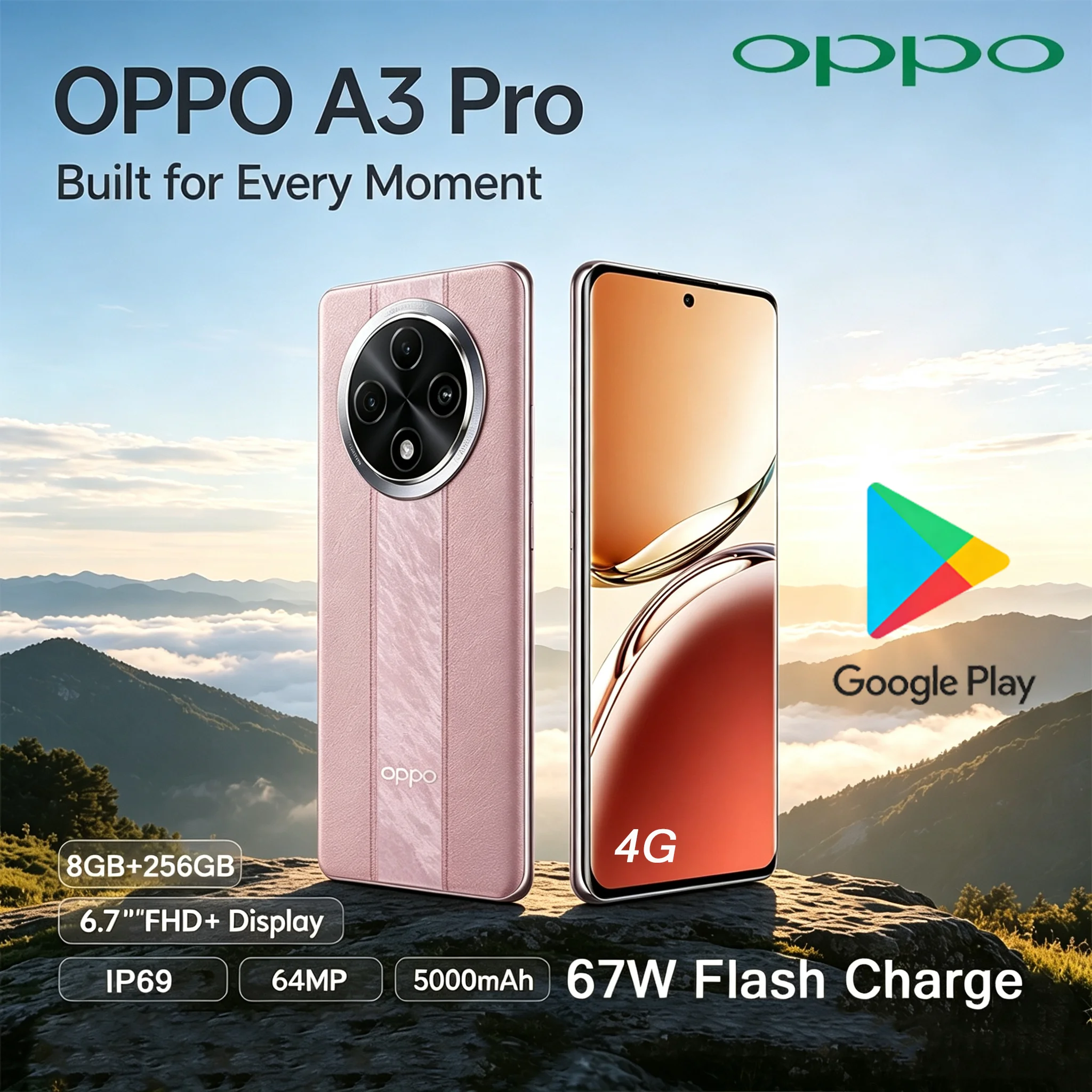 OPPO A3Pro Android Unlocked Smartphone 6.7 Inch 120Hz Screen 8GB+256GB Large Storage 64MP Rear Camera 5000mAh Battery Dual SIM