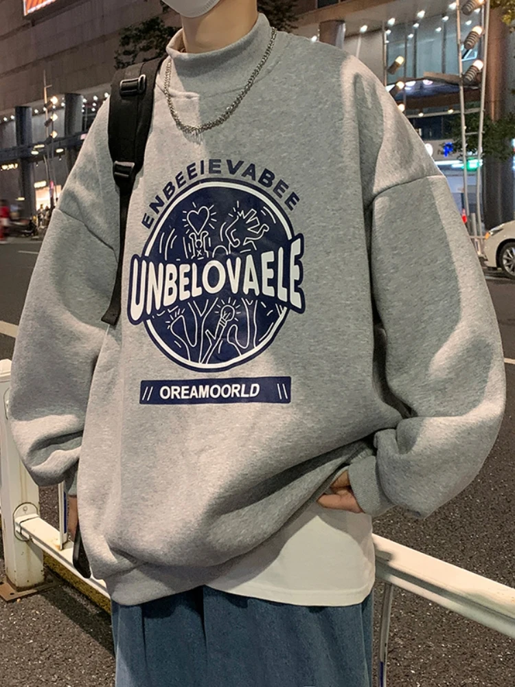 

Модная толстовка свободного кроя с принтом и флисовой подкладкой, мужская осенне-зимняя модная толстовка с высоким воротником, молодежная повседневная одежда