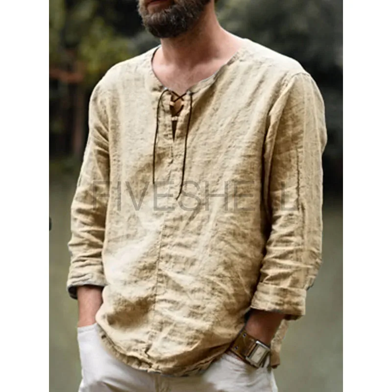 Men Casual Loose Shirts Long Sleeves Solid Color Vintage Tops Retro Clothe Linen Bandage Lace Up Cotton Blouse Medieval Clothing