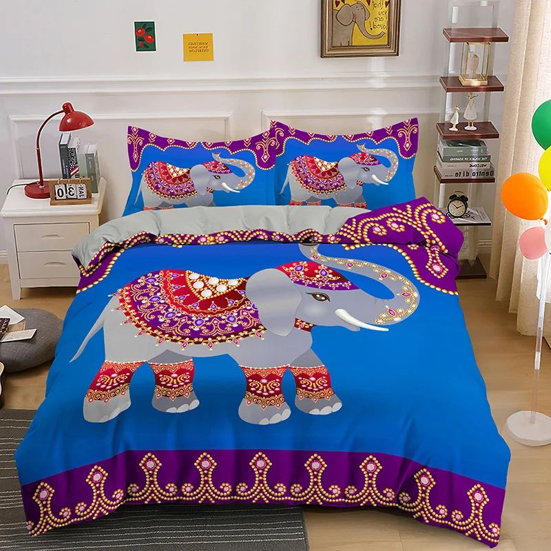 

Bohemian Elephant Bedding Sets Queen King Size Colorful 2/3Pcs Duvet Cover Boho Psychedelic Indian Mandala Polyester Quilt Cover