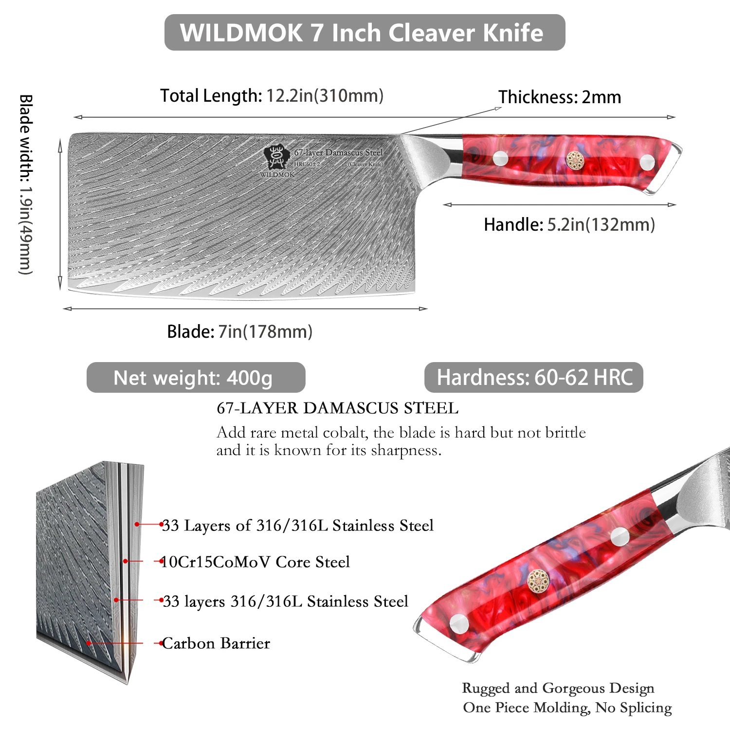 WILDMOK 7" Ultra Sharp Meat Cleaver Knife, Damascus Butcher Knife with Resin Handle, Heavy Duty Chinese Cleaver for Meat Cutting