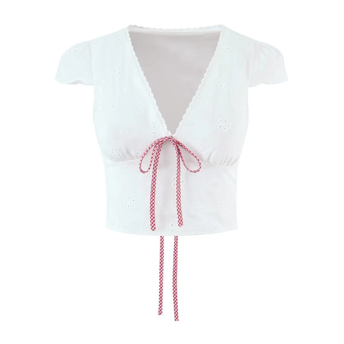 

Women Short Sleeve V Neck Ribbon Tie Zoey Top Cropped